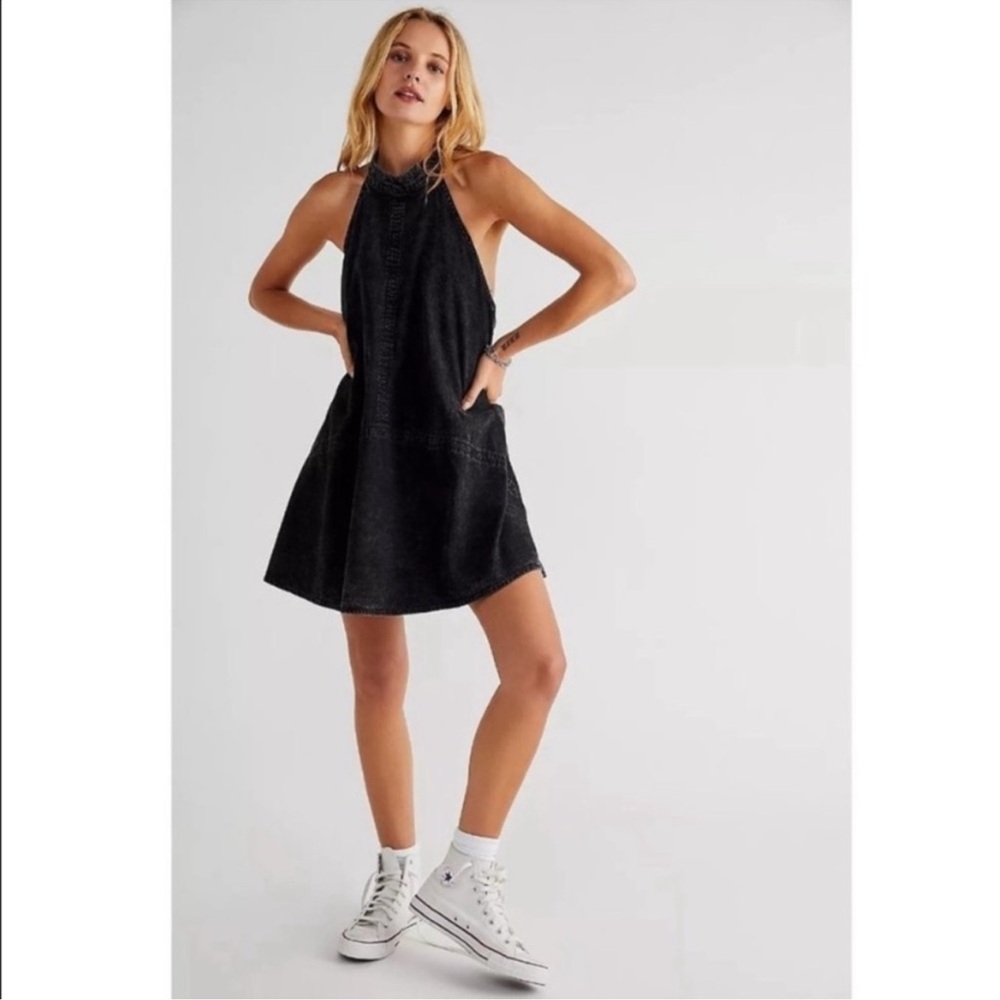 Free People Solid Rising Sun Halter Dress Black Denim